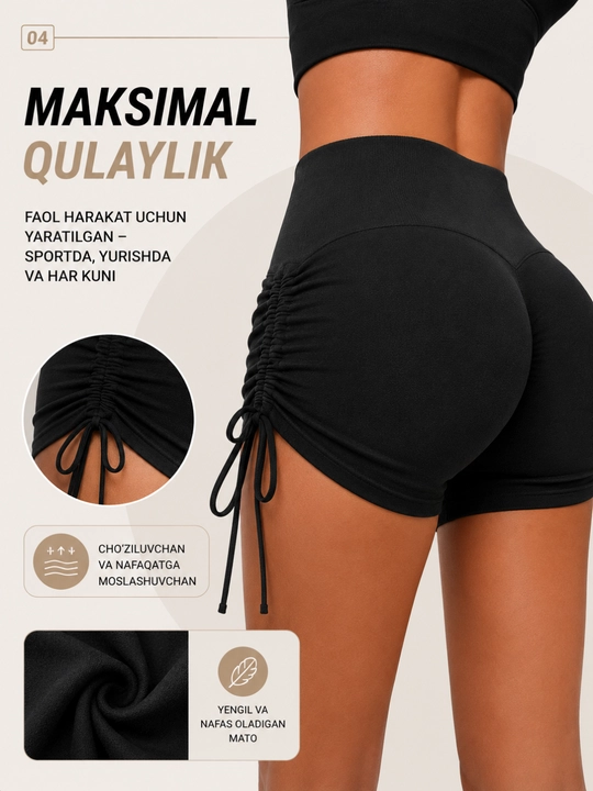 Push Up ayollar sport shortilari baland belli, yon tortgichli, fitnes, yoga mashg'ulotlari uchun
