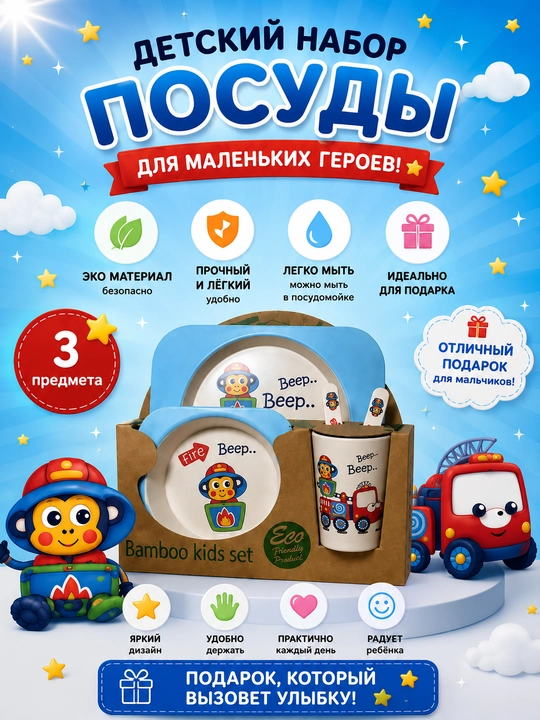 Набор для кормления ребенка, детская посуда, 5 предметов, бамбуковый - 