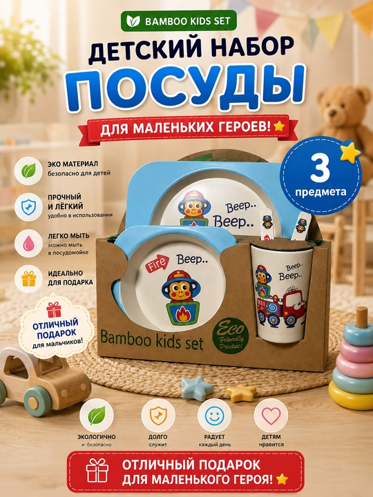 Набор для кормления ребенка, детская посуда, 5 предметов, бамбуковый