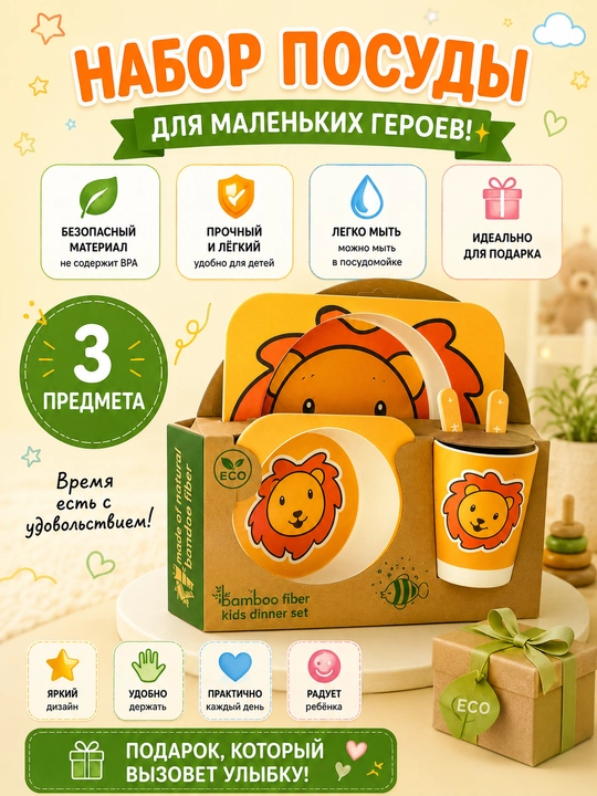 Набор для кормления ребенка, детская посуда, 5 предметов, бамбуковый - 