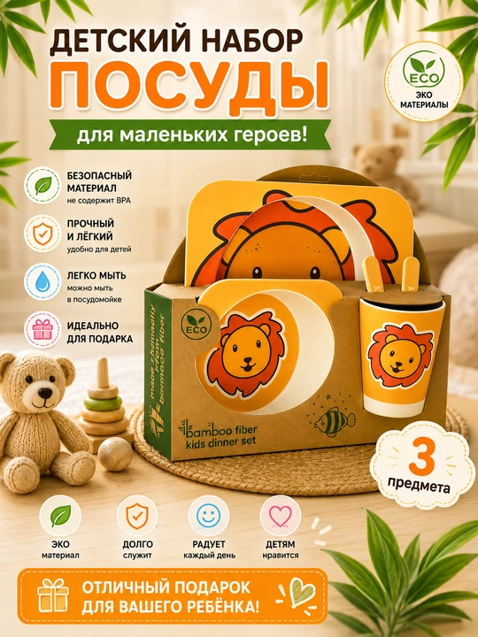 Набор для кормления ребенка, детская посуда, 5 предметов, бамбуковый