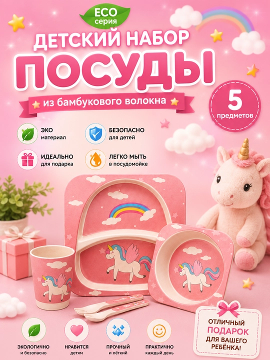 Набор для кормления ребенка, детская посуда, 5 предметов, бамбуковый - 