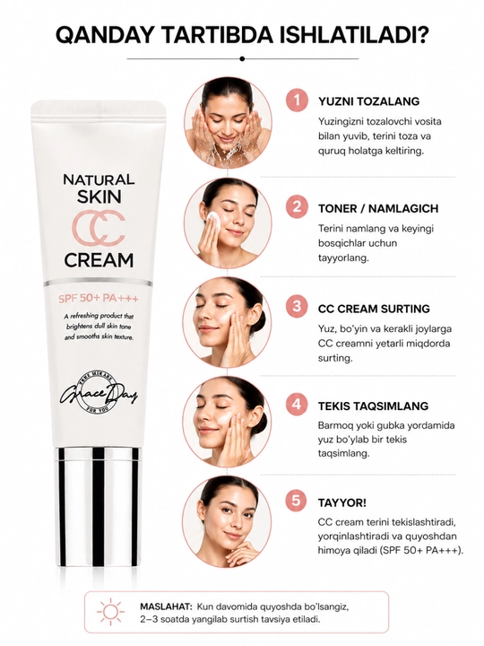 Grace Day CC quyoshdan himoyalovchi krem SPF 50+ PA+++, 50 ml