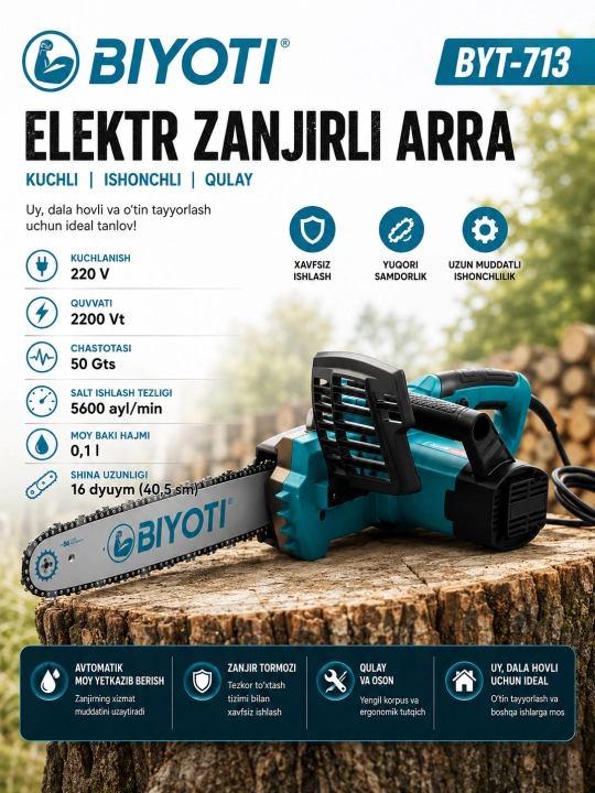 Zanjirli elektr arra, Yog'och kesish uchun arra, Elektropila, Elektrarra,  Biyoti BYT-713 - 
