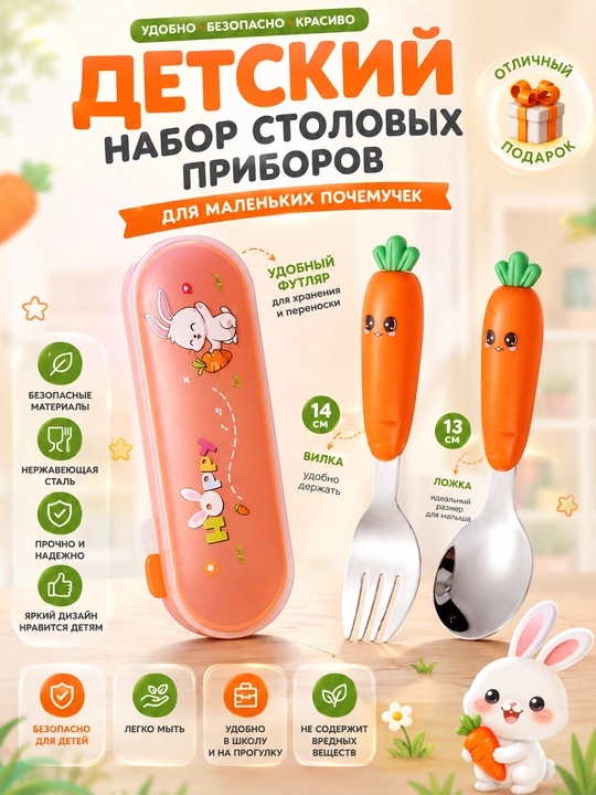Детский набор ложки и вилки с ручками-морковками, столовые приборы в футляре