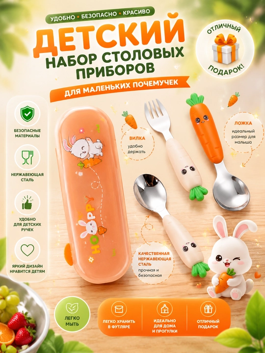 Детский набор ложки и вилки с ручками-морковками, столовые приборы в футляре