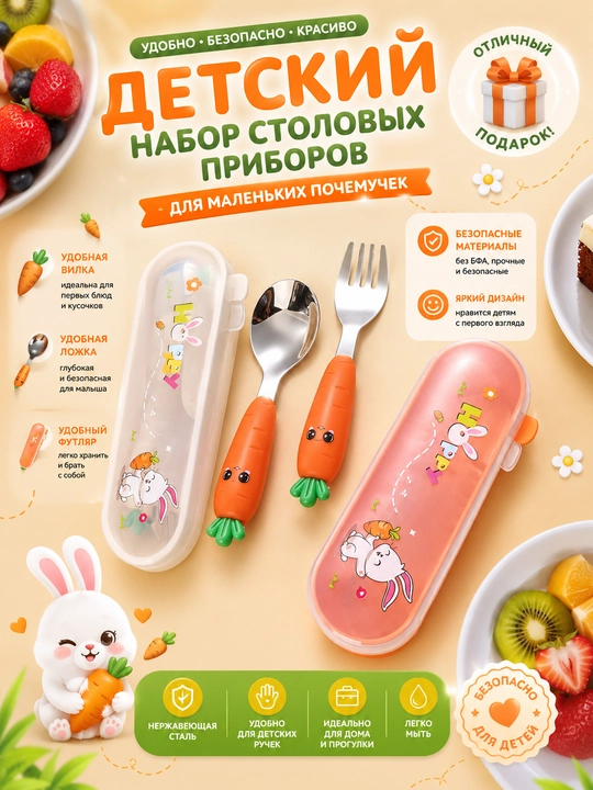 Детский набор ложки и вилки с ручками-морковками, столовые приборы в футляре