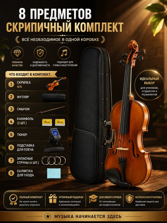 4/4 Akustik skripka, 8 ta 1 to'plamda - 