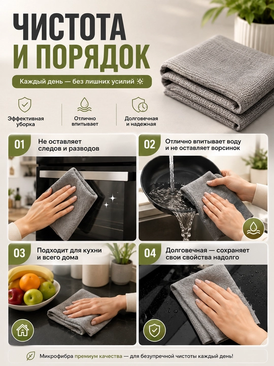 Универсальные рулонные многоразовые салфетки из микрофибры для уборки и мытья, 20 штук