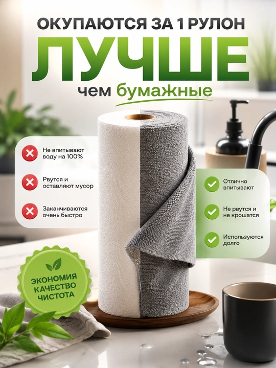 Универсальные рулонные многоразовые салфетки из микрофибры для уборки и мытья, 20 штук