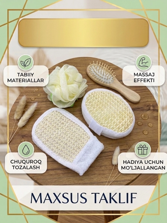 Vannaxona va dush uchun parvarish toʻplami, mochalka va taroq - 