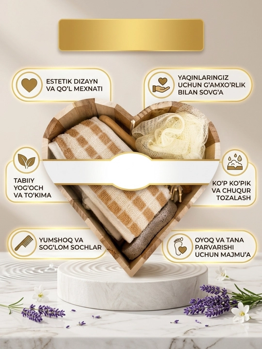 Vannaxona va dush uchun parvarish toʻplami, mochalka va taroq - 