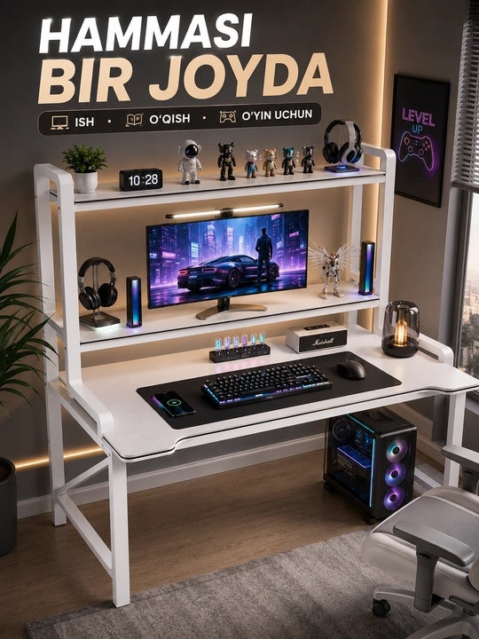 Kompyuter stoli, ustki javonli ish va dars uchun yozuv stoli, uy va ofis uchun