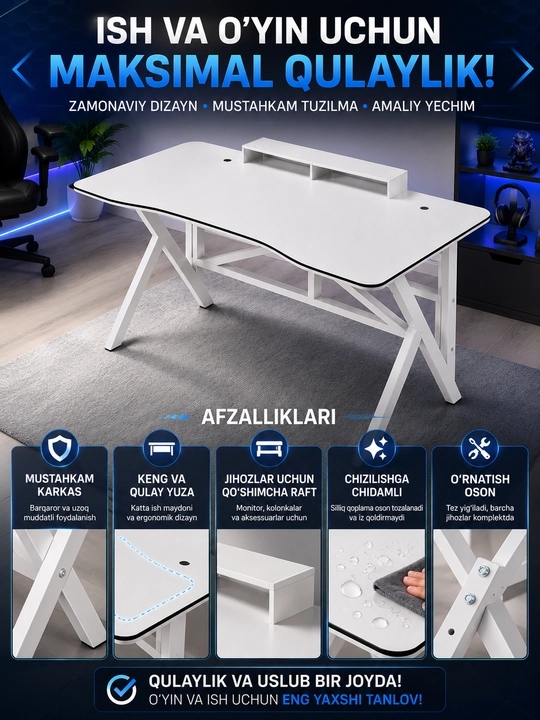 Kompyuter stoli, ustki javonli ish va dars uchun yozuv stoli, uy va ofis uchun