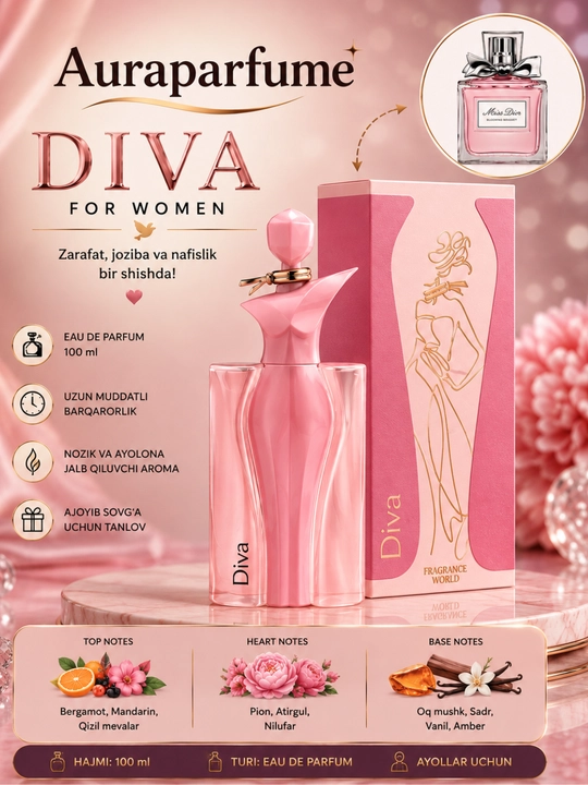 Ayollar uchun Miss Dior Blooming Bouquet, Fragrance World DIVA atir suvi, 100 ml - 