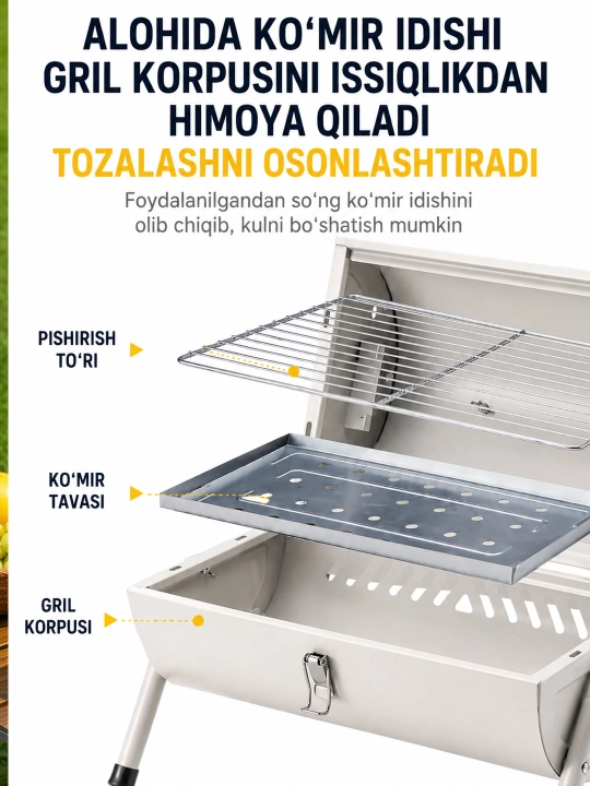 Ko‘chma ko‘mirli mangal-gril BBQ, qopqoqli, piknik, kemping va dala hovli uchun