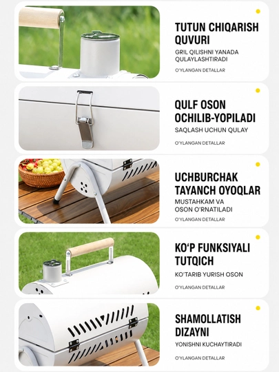 Ko‘chma ko‘mirli mangal-gril BBQ, qopqoqli, piknik, kemping va dala hovli uchun