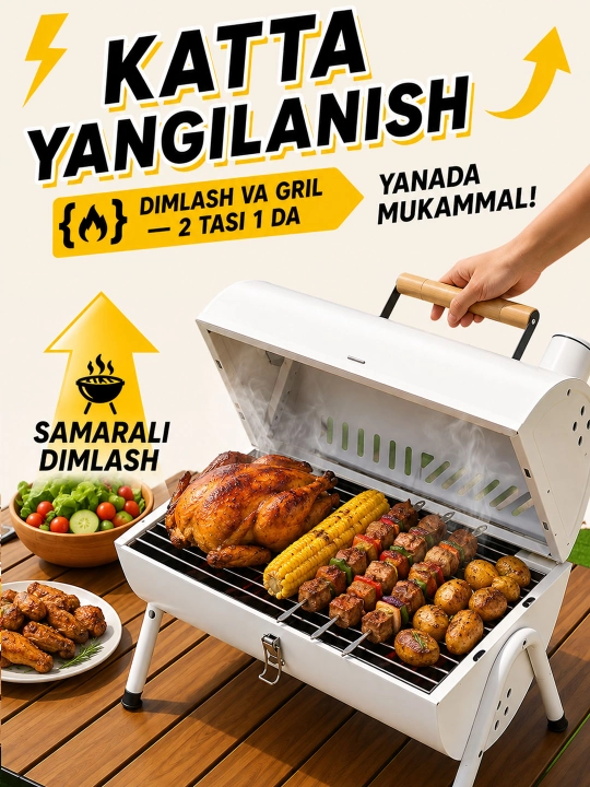 Портативный мангал-гриль BBQ с крышкой, на углях, складной, для пикника и кемпинга - 