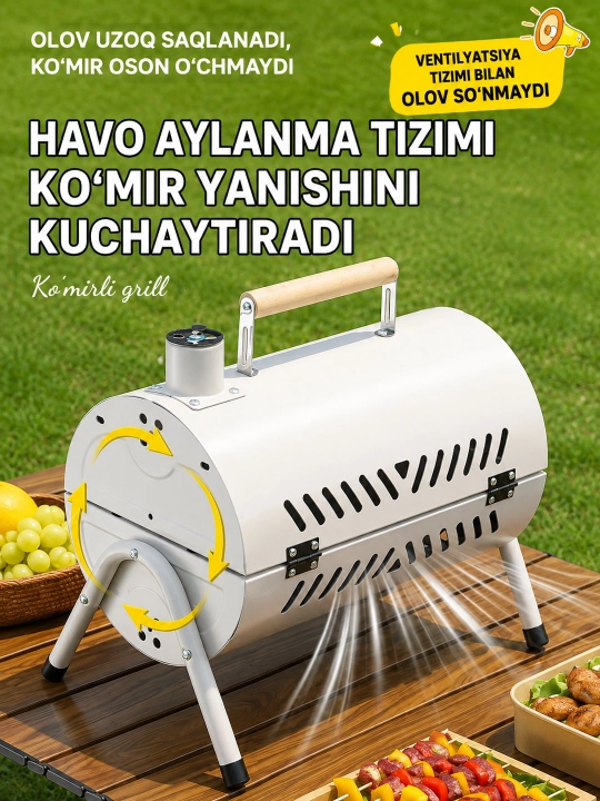 Ko‘chma ko‘mirli mangal-gril BBQ, qopqoqli, piknik, kemping va dala hovli uchun
