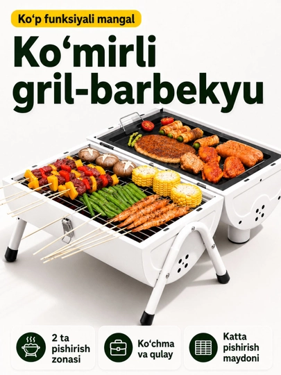Ko‘chma ko‘mirli mangal-gril BBQ, qopqoqli, piknik, kemping va dala hovli uchun