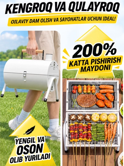 Ko‘chma ko‘mirli mangal-gril BBQ, qopqoqli, piknik, kemping va dala hovli uchun