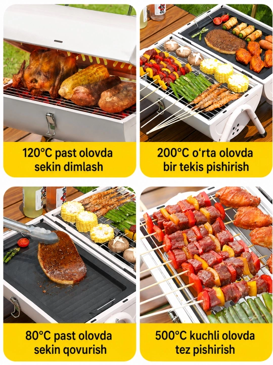 Ko‘chma ko‘mirli mangal-gril BBQ, qopqoqli, piknik, kemping va dala hovli uchun