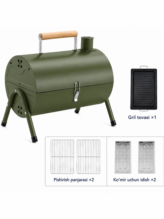Ko‘chma ko‘mirli mangal-gril BBQ, qopqoqli, piknik, kemping va dala hovli uchun