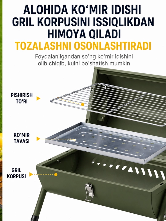 Ko‘chma ko‘mirli mangal-gril BBQ, qopqoqli, piknik, kemping va dala hovli uchun