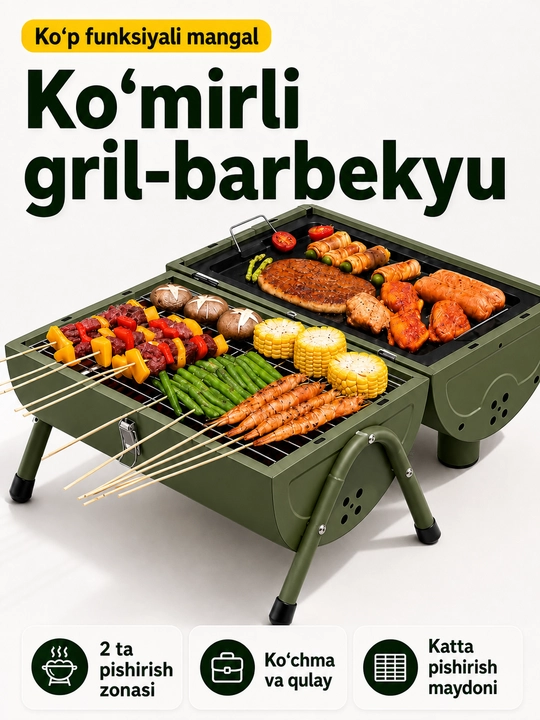 Ko‘chma ko‘mirli mangal-gril BBQ, qopqoqli, piknik, kemping va dala hovli uchun