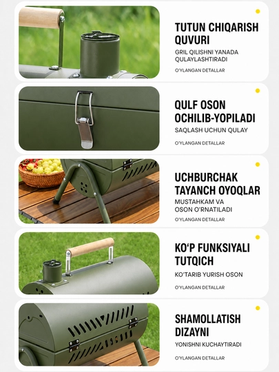 Ko‘chma ko‘mirli mangal-gril BBQ, qopqoqli, piknik, kemping va dala hovli uchun
