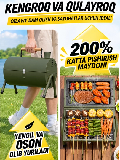 Ko‘chma ko‘mirli mangal-gril BBQ, qopqoqli, piknik, kemping va dala hovli uchun