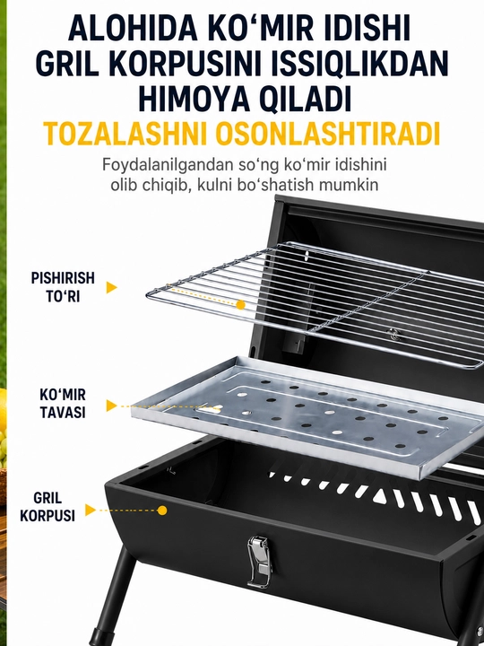 Ko‘chma ko‘mirli mangal-gril BBQ, qopqoqli, piknik, kemping va dala hovli uchun