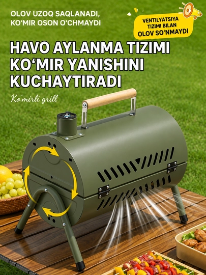 Ko‘chma ko‘mirli mangal-gril BBQ, qopqoqli, piknik, kemping va dala hovli uchun