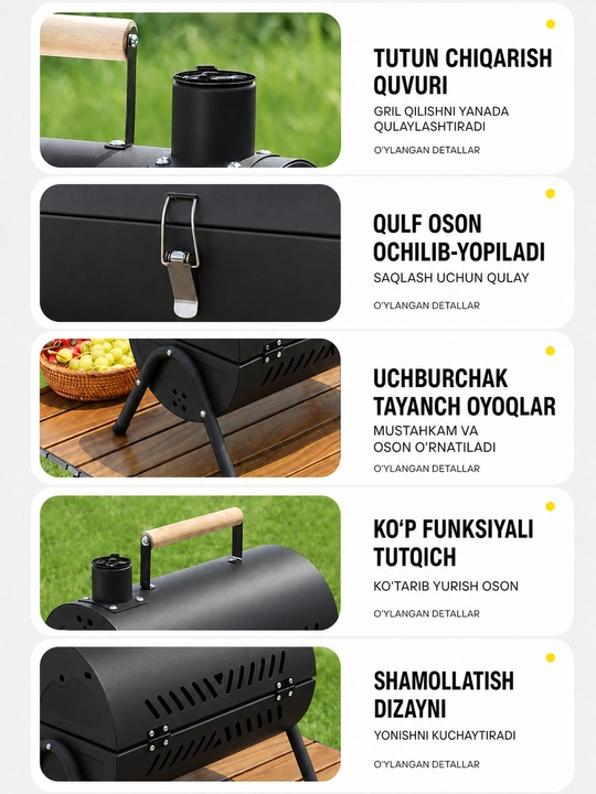 Ko‘chma ko‘mirli mangal-gril BBQ, qopqoqli, piknik, kemping va dala hovli uchun