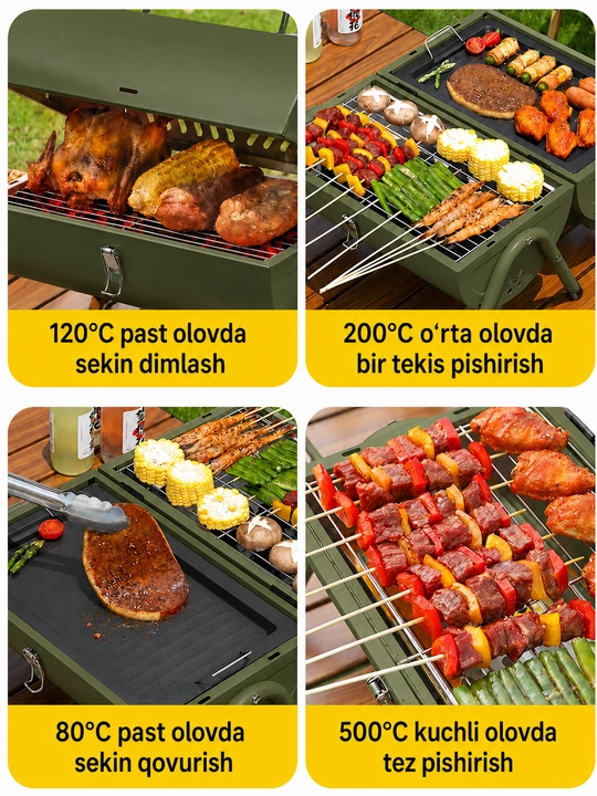 Ko‘chma ko‘mirli mangal-gril BBQ, qopqoqli, piknik, kemping va dala hovli uchun