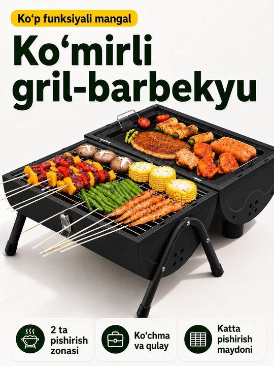 Ko‘chma ko‘mirli mangal-gril BBQ, qopqoqli, piknik, kemping va dala hovli uchun