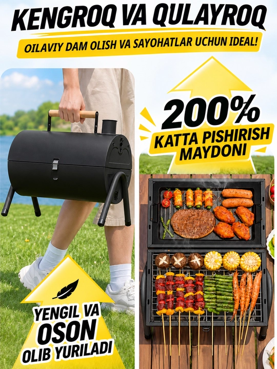 Ko‘chma ko‘mirli mangal-gril BBQ, qopqoqli, piknik, kemping va dala hovli uchun