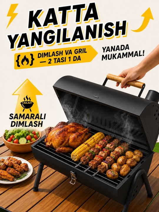 Портативный мангал-гриль BBQ с крышкой, на углях, складной, для пикника и кемпинга - 