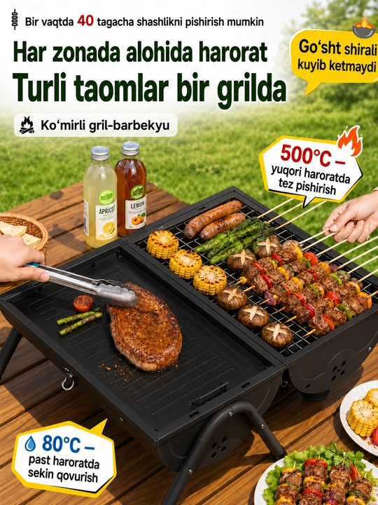 Ko‘chma ko‘mirli mangal-gril BBQ, qopqoqli, piknik, kemping va dala hovli uchun