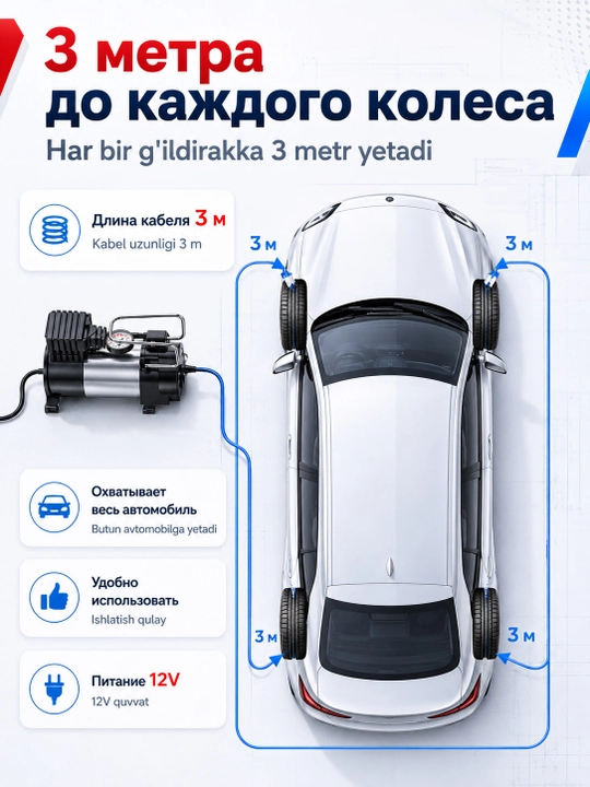 Автомобильный компрессор 12V, 170 Вт, 35 л/мин, шланг 3 м, с насадками