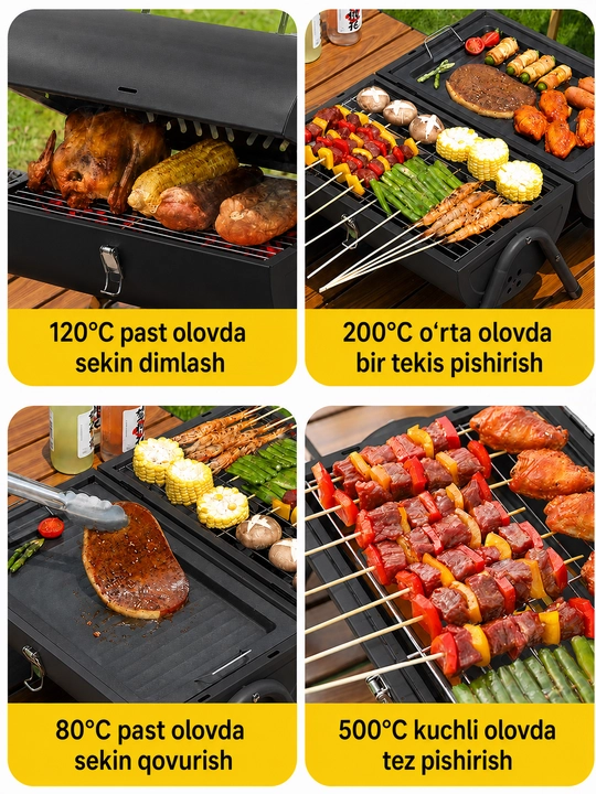 Ko‘chma ko‘mirli mangal-gril BBQ, qopqoqli, piknik, kemping va dala hovli uchun