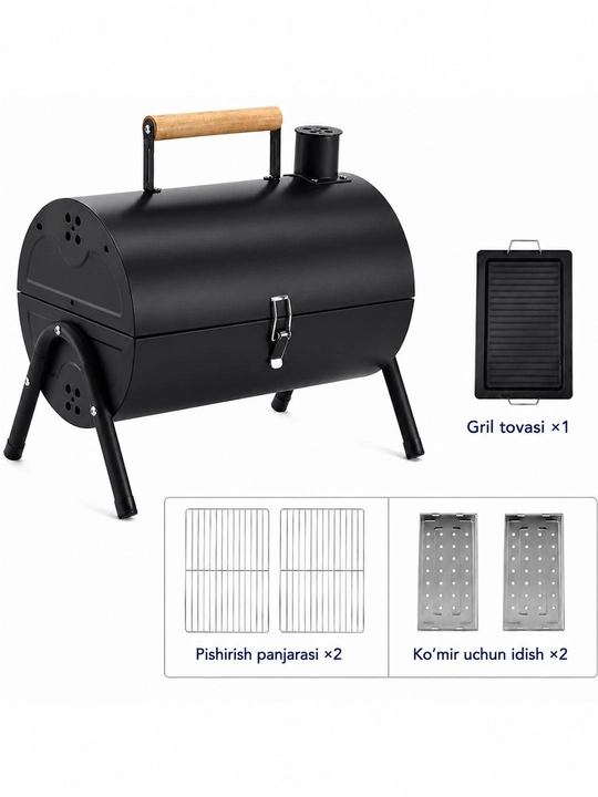 Ko‘chma ko‘mirli mangal-gril BBQ, qopqoqli, piknik, kemping va dala hovli uchun