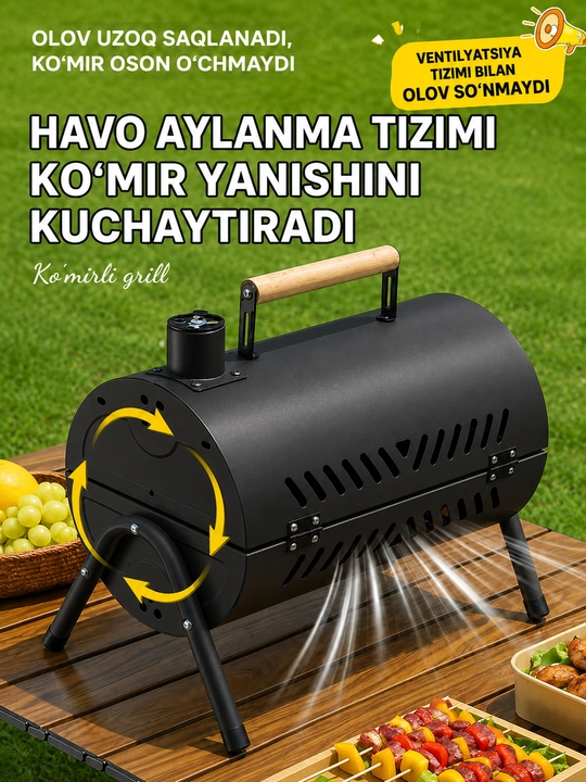 Ko‘chma ko‘mirli mangal-gril BBQ, qopqoqli, piknik, kemping va dala hovli uchun
