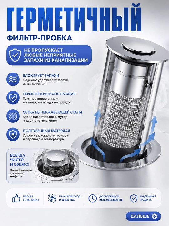 Пробка для ванной и раковин, заглушка с выдвижным фильтром, гидрозатвор в мойку