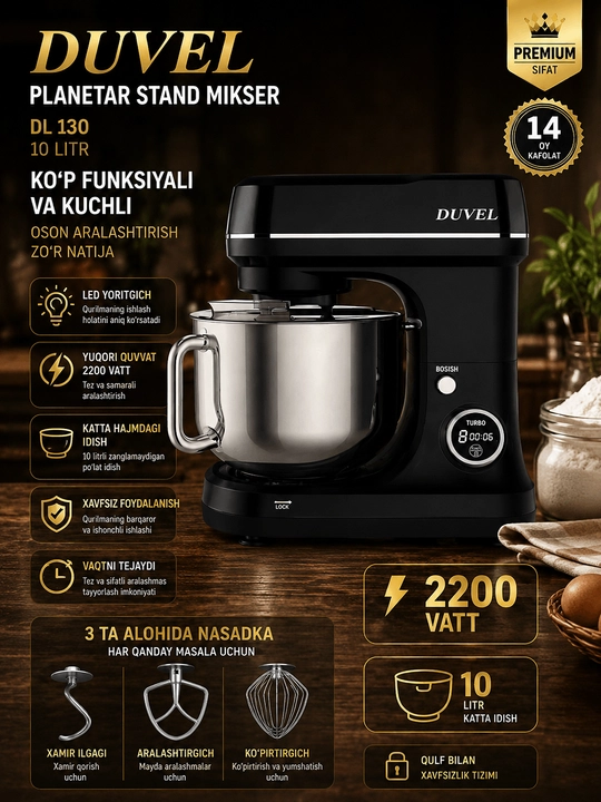 DUVEL DL 130 10 Litr Planetar Mikser 2200 Vatt 3 Xil Nasadka Kuchli Professional Mikser - 