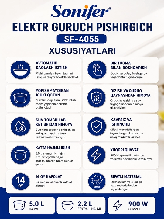 Sonifer SF 4055 Elektr Guruch Pishirgich 5 L 900 Vt
