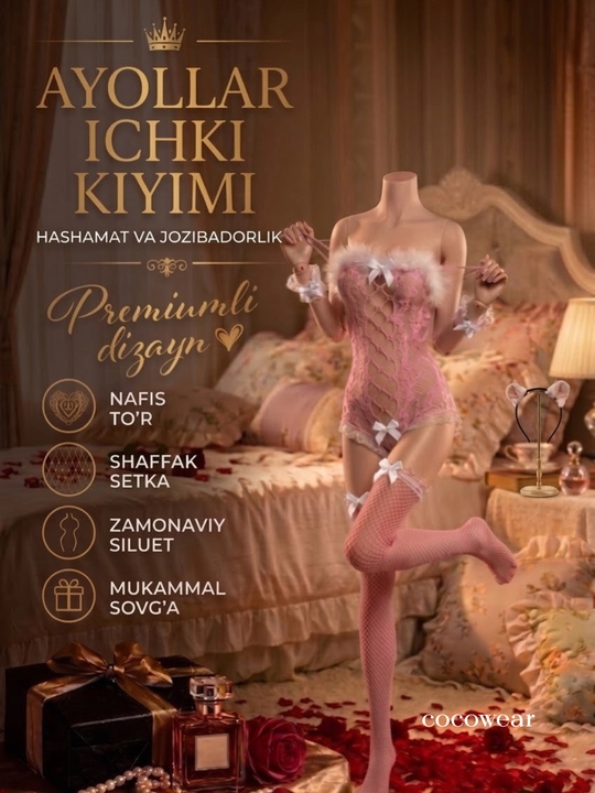 Ayollar ro'lli o‘yinlar uchun ichki kiymlar:to‘rli bodi,xizmatkor va mushukcha kostyumi - 