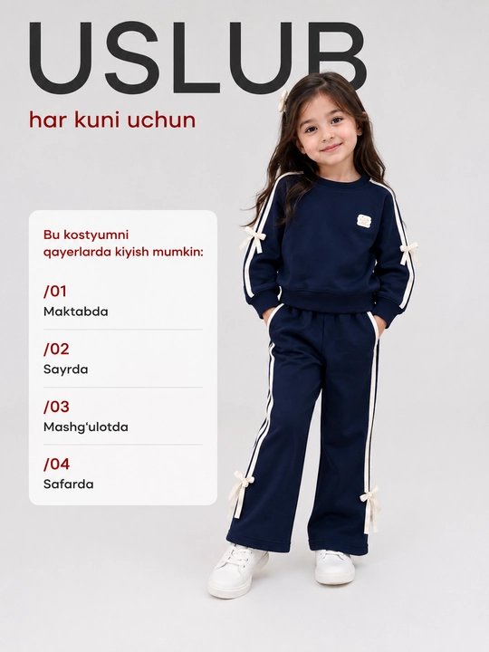 Qizlar uchun ikki qismli sport kostyumi, kofta va keng bichimli shimlar, 5–7 yosh
