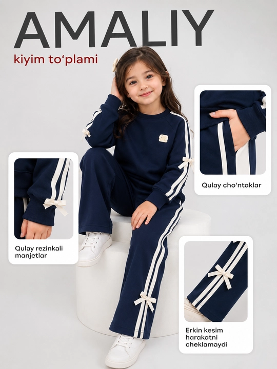 Qizlar uchun ikki qismli sport kostyumi, kofta va keng bichimli shimlar, 5–7 yosh - 