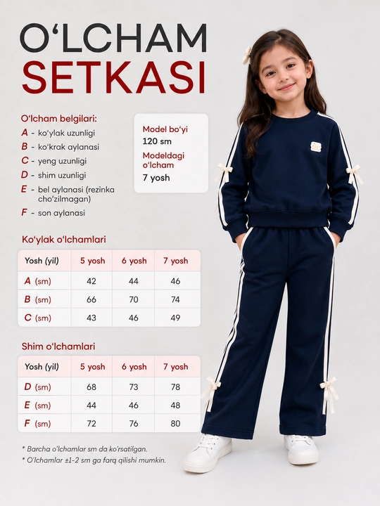 Qizlar uchun ikki qismli sport kostyumi, kofta va keng bichimli shimlar, 5–7 yosh